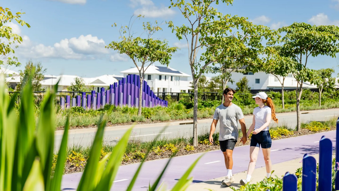 Homes and landscaped walking paths in Aura